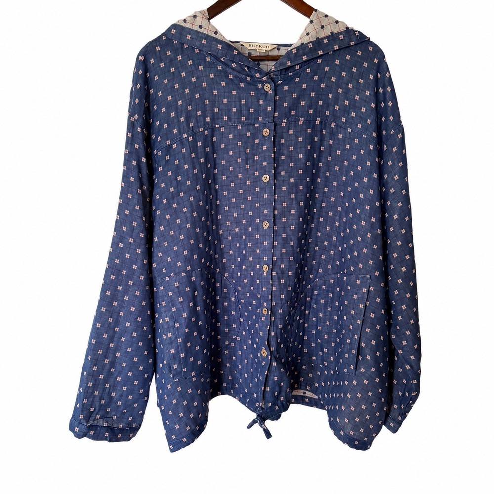 Buykud Womens 3XL Blue Cotton Linen Hooded Button Down Shirt Geometric Lagen Top